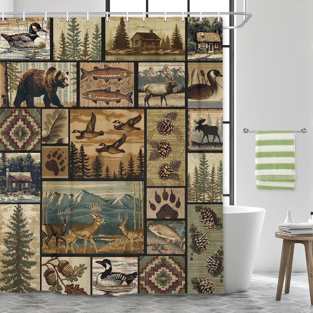 Rustic Bear Lodge Shower Curtain, Cabin Retro Bear Moose Lodge Vintage Farmhouse Shower Curtain Sets, Wild Duck Pines Fish Mountain Hill Retro Barhroom Curtain with Hooks, 71X84 Inches.