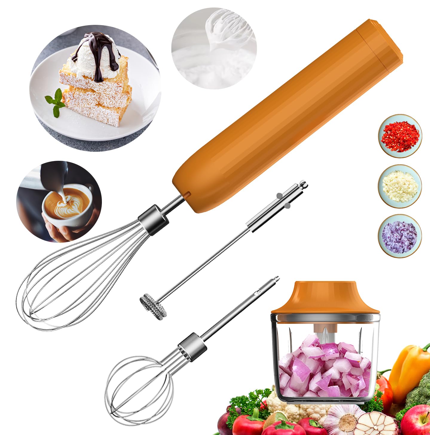 4-in-1 Hand Mixer, Electric Whisk, Small Wireless Hand Blender, Rechargeable Portable Milk Frother for Coffee, Matcha, Mini Onion Chopper 300 ml, 4-Speed Hand Mixer-picture-17