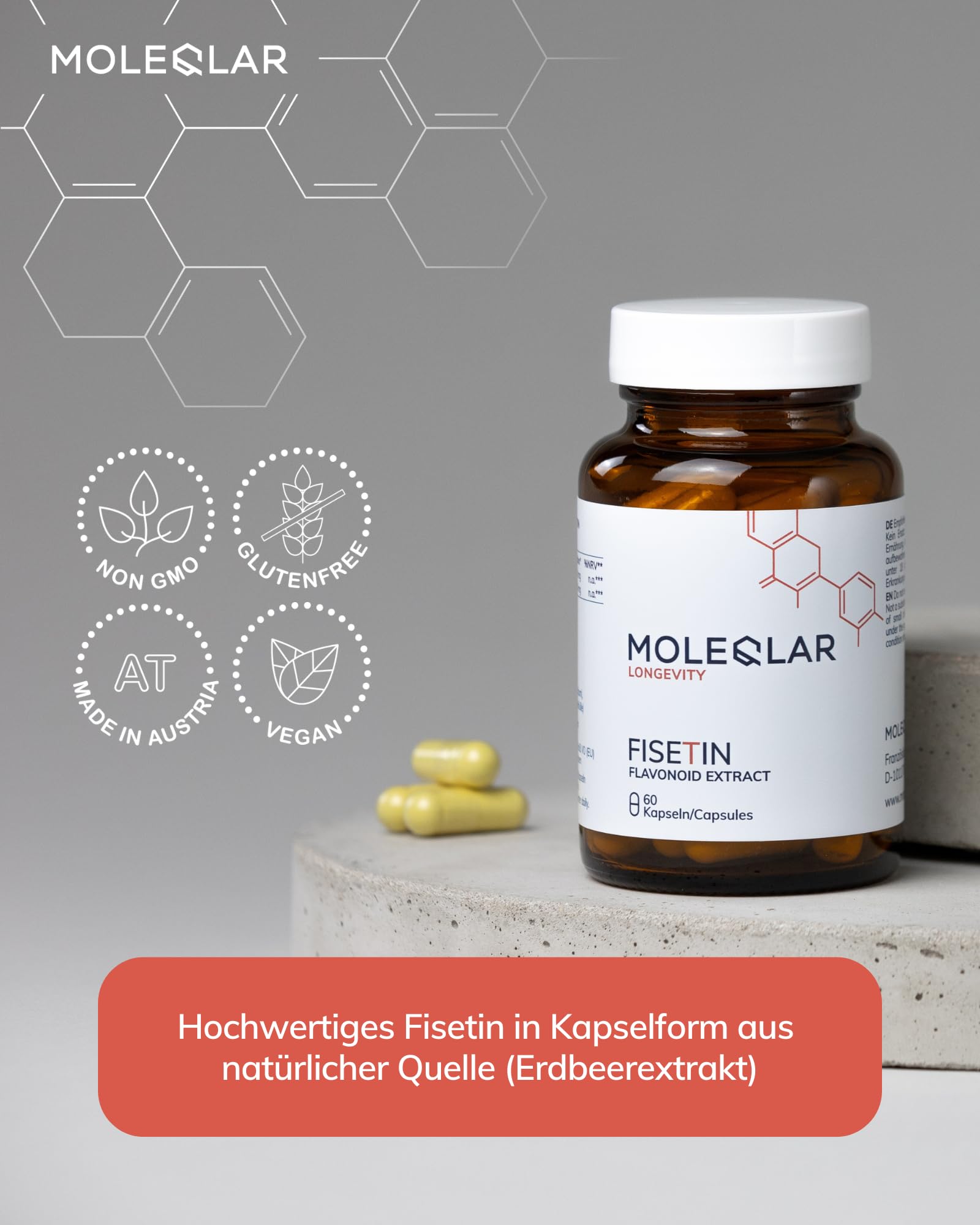 MoleQlar Fisetin 100 mg Capsules, Boîte de 60, Complément Alimentaire avec 200 mg issu d’Extrait de Fraise par Portion, Gélules Pratiques pour une Prise Quotidienne Facile et Simplement Dosée