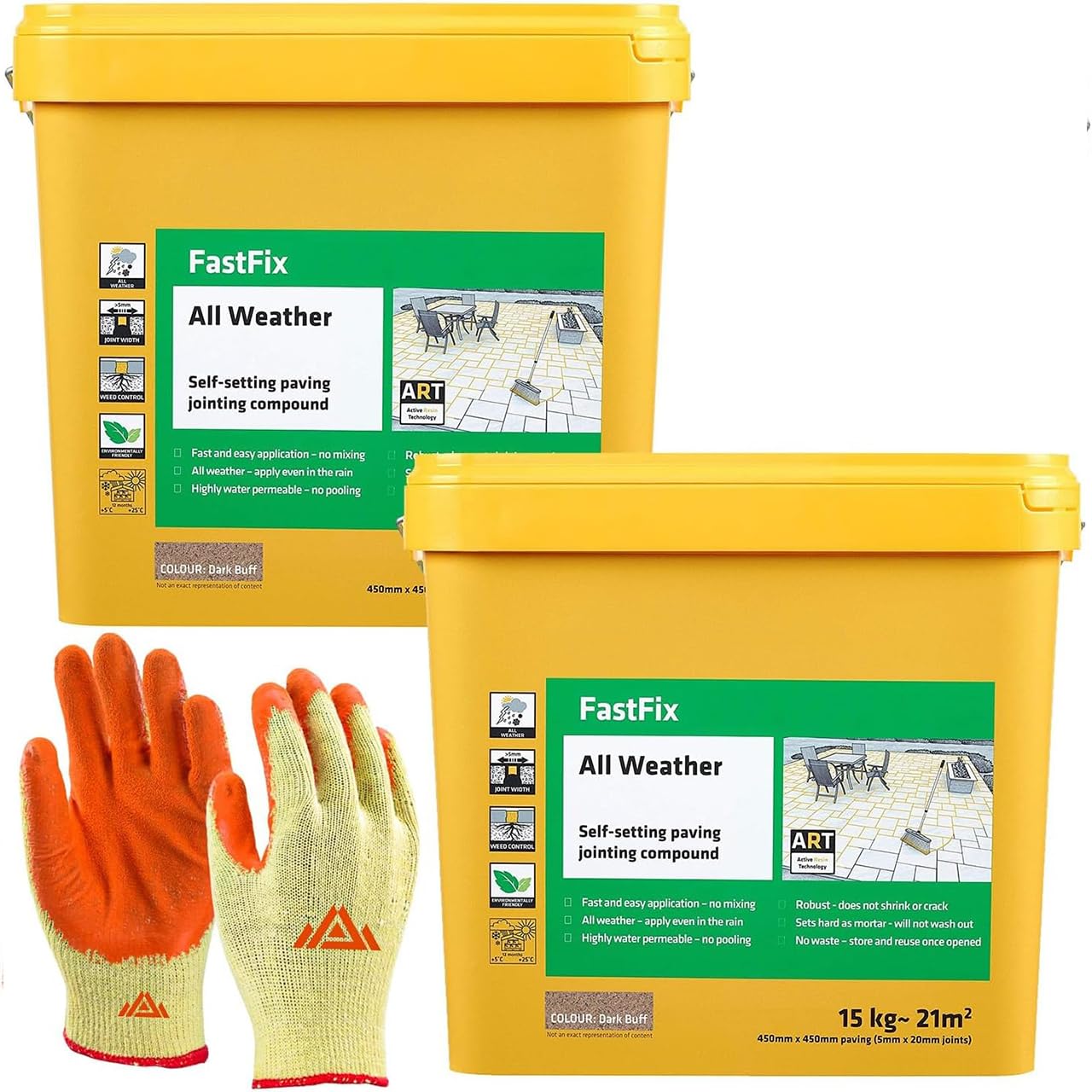 Fast Fix All Weather-Ready to Use, Self-Setting Paving Jointing Compound for Any Weather, Suitable for Stones Setts, Paving Block and Footpaths 15kg - 21 sq.m 2 pack with Gloves (Dark buff)