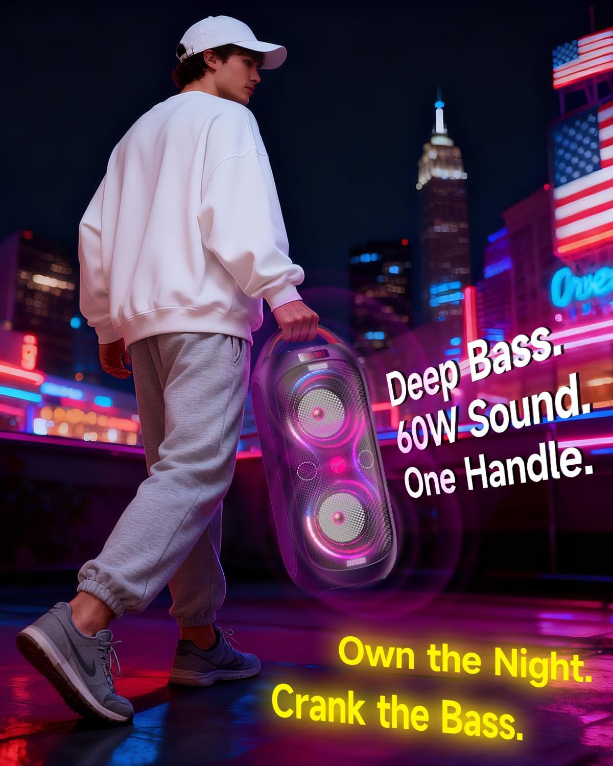 Party Bluetooth Speaker: 60W Peak Power, Deep Bass Dual Woofers, 12H Battery, RGB Lights, TWS, FM Radio, AUX/USB/Mic Input | for Indoor & Outdoor-Updated 60W Peak|RMS 16W|85dB|4400mAh|12H|Enhanced Bass