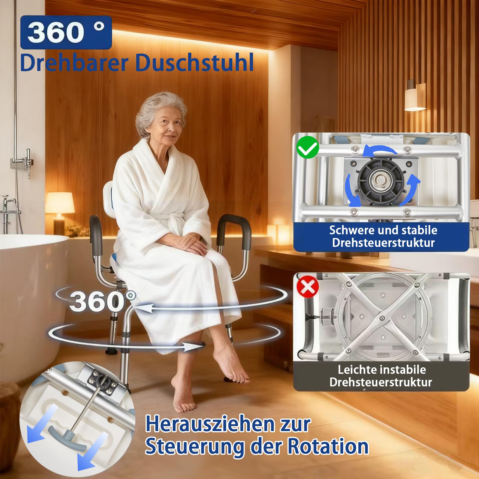 U 2-Stufig Extra Breit Duschstuhl für Senioren, 360° Drehbarer Duschsitz, Duschstuhl mit Armlehnen und Rückenlehne, Badhocker für Die Dusche, Duschhocker Höhenverstellbar, Duschhocker für Senioren