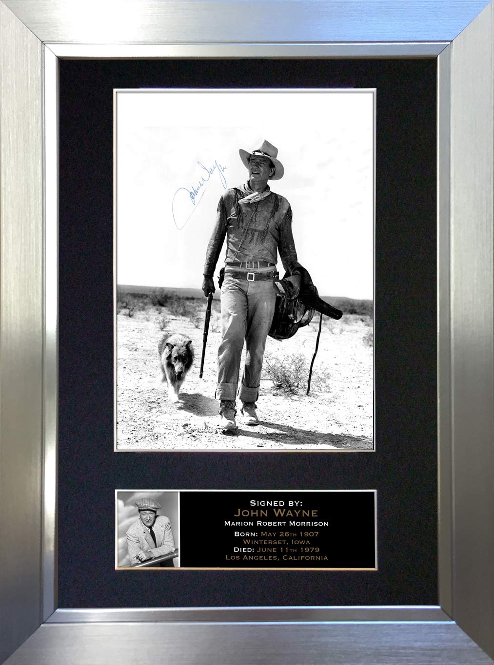 The Autograph Collector Gold,Silver,Black John Wayne Signed Autograph Mounted Photo Reproduction Print A4 Rare (297 X 210Mm) #129 (Silver Frame)