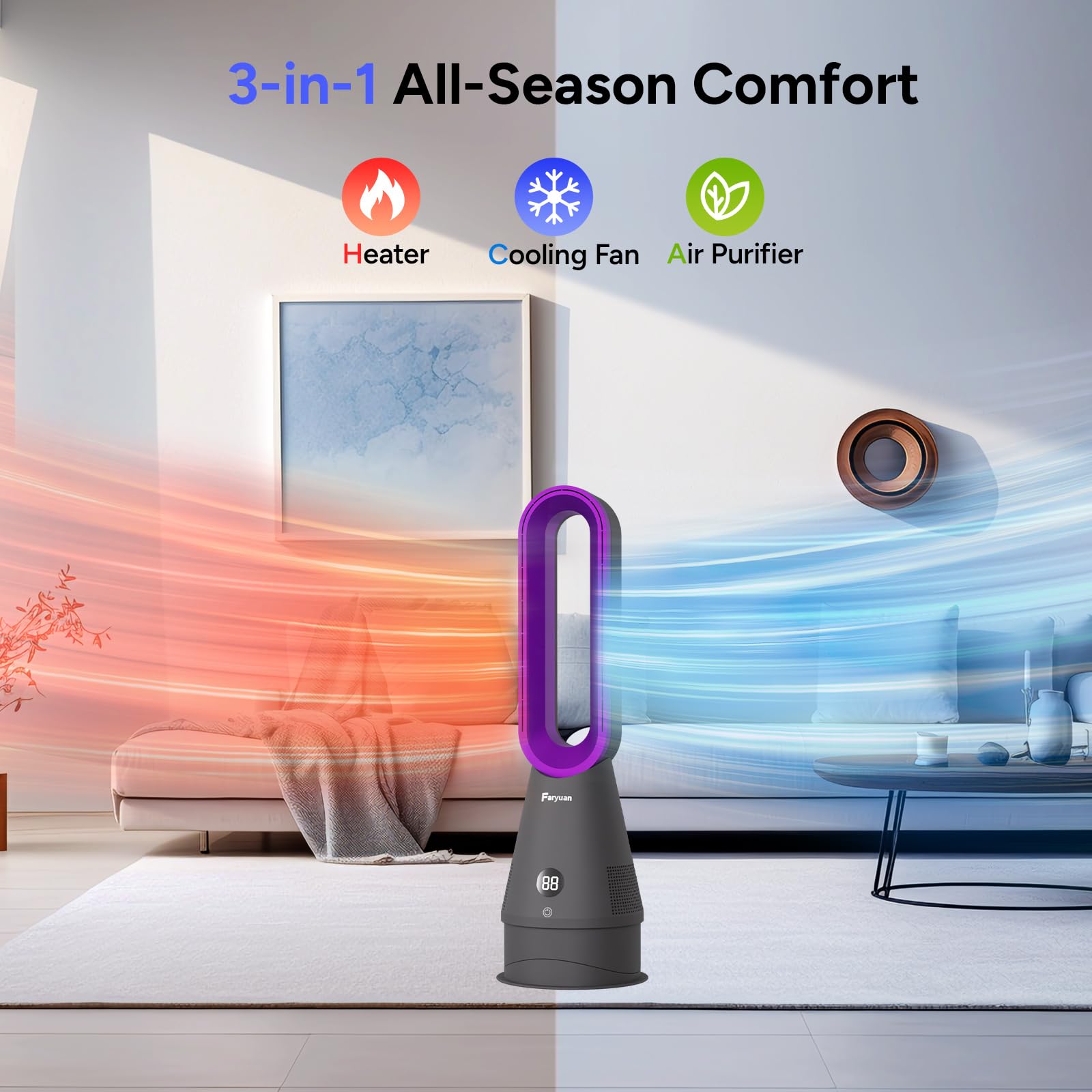 Blattloser Ventilator (25 Zoll) – 3-in-1 Heizlüfter & Kühler & HEPA-Filter, 80° Oszillation, 8 Stufen, 9H Timer & FB, Leise für Zuhause/Büro9 (Grey & Blue)