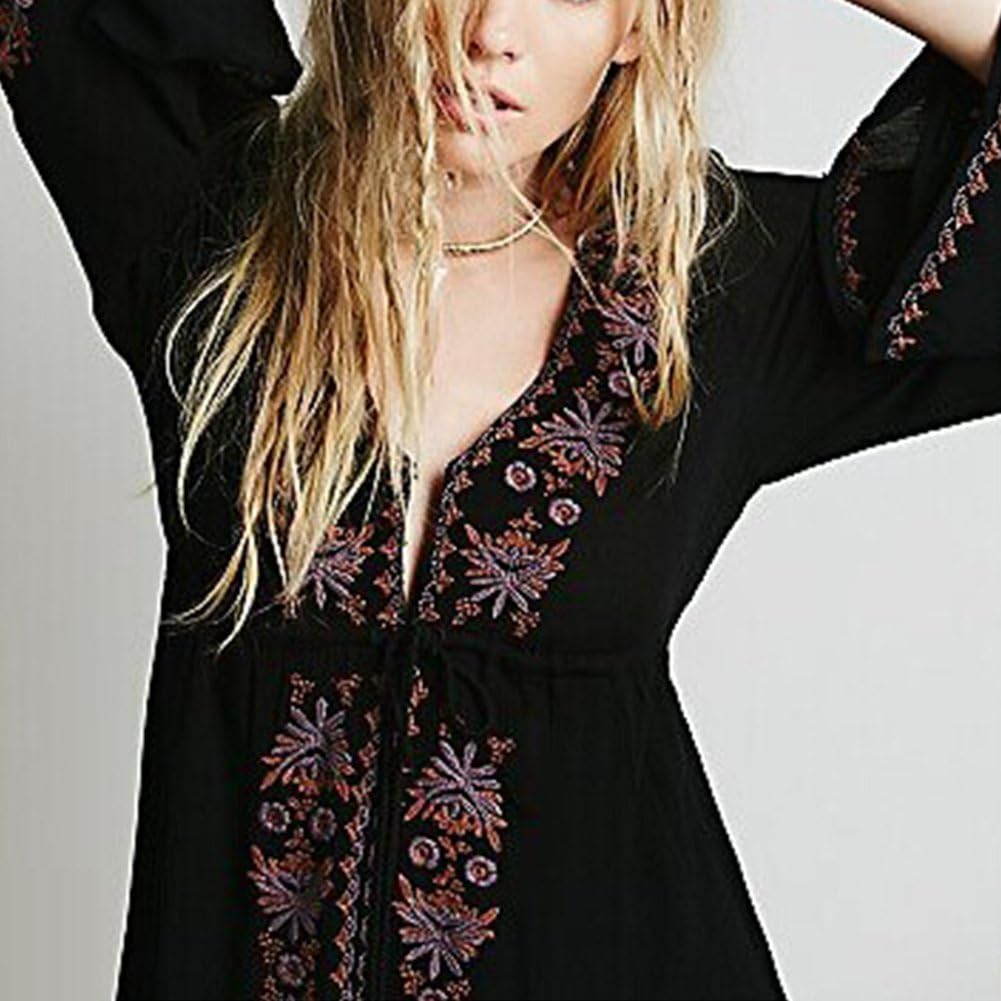 R.Vivimos Womens V Neck Bell Sleeve Vintage Floral Embroidered High Low Long Dresses - Image 2