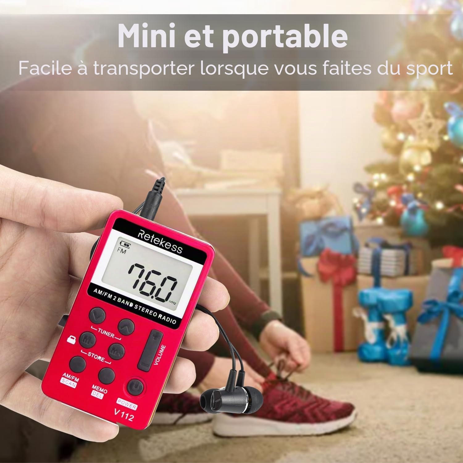 Retekess V112 Mini Radio FM de Poche,Radio Portable,FM AM,Prise Casque,d'Extérieur,Convient pour Course à Pied,de Sport,Randonnée,Le Camping(Rouge)