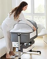Vista 6 de Ihoming Moisés para bebé, cuna lateral con cesta de almacenamiento, cuna plegable fácil, cama ajustable para bebé recién nacido, gris