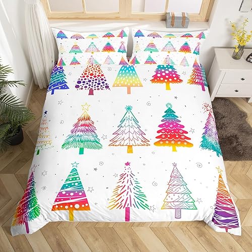 Erosebridal Funda de edredón de árbol de Navidad, decoración de Navidad en acuarela, juego de ropa de cama de Navidad, regalo de arcoíris para