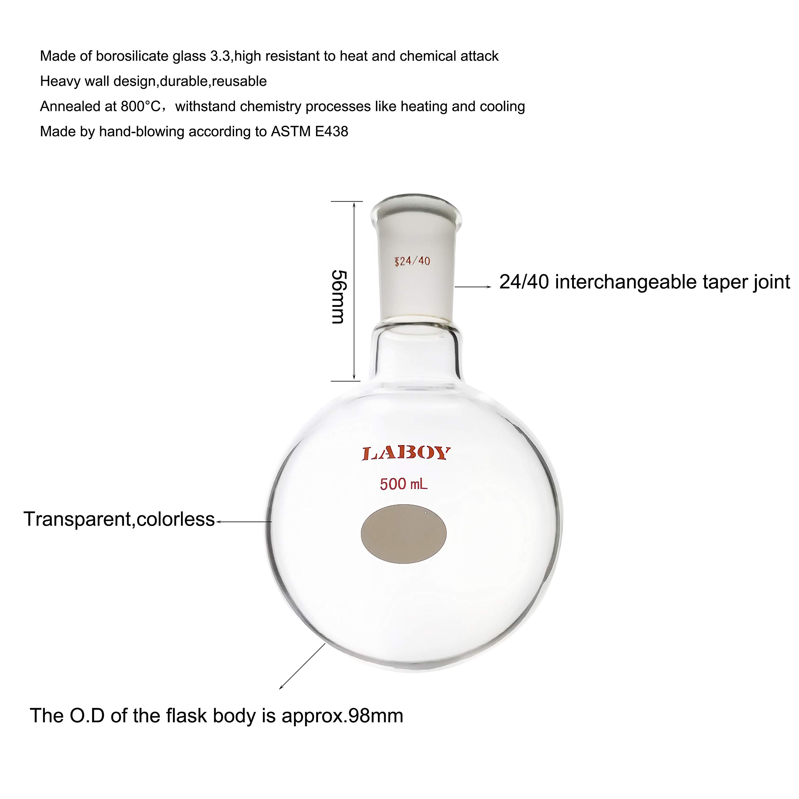 Laboy Glass 500mL Single Neck Flat Bottom Boiling Flask, Borosilicate Glass With 24/40 Joint - Pack Of 5