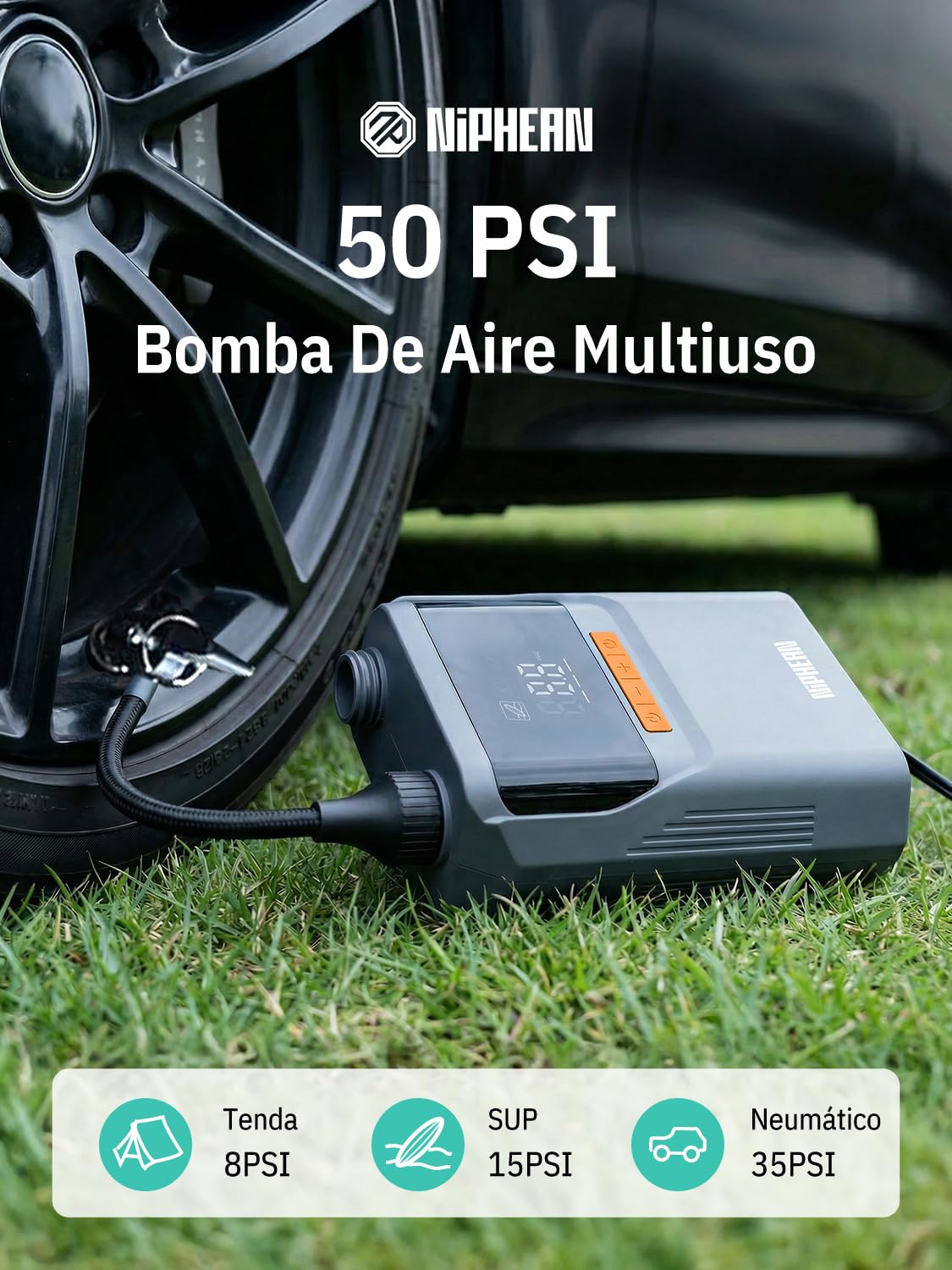 Niphean Inflador Electrico con Batería Integrada, 50 PSI Hinchador Electrico para Neumáticos, Sup y Colchones, Bomba de Aire Electrica Portátil con Apagado Automático para Inflables y Desinflado