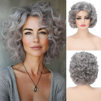 Short Silver Gray Curly Wigs for Old Lady Natural Wavy Wig Grandma Costume Wig for Cosplay Halloween Party