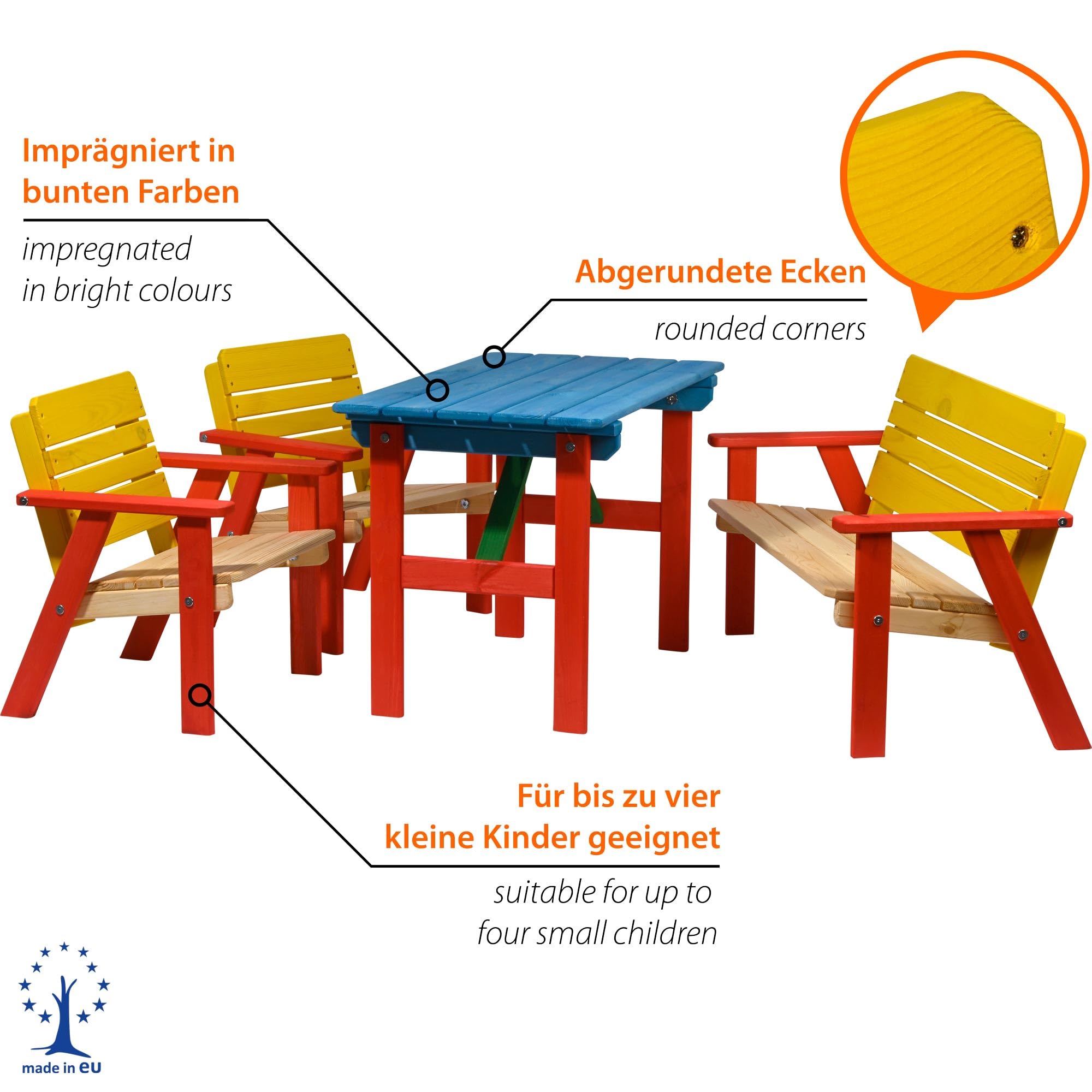 dobar® 94370FSC Kinder Outdoor Sitzgruppe 4 Plätze | 1 Bank, 2 Stühle, 1 Tisch | Picknickgarnitur für Kinder | Kindersitzgruppe Massivholz für Garten/Terrasse | Wetterfest Kindersitzgarnitur | Bunt, Mittel
