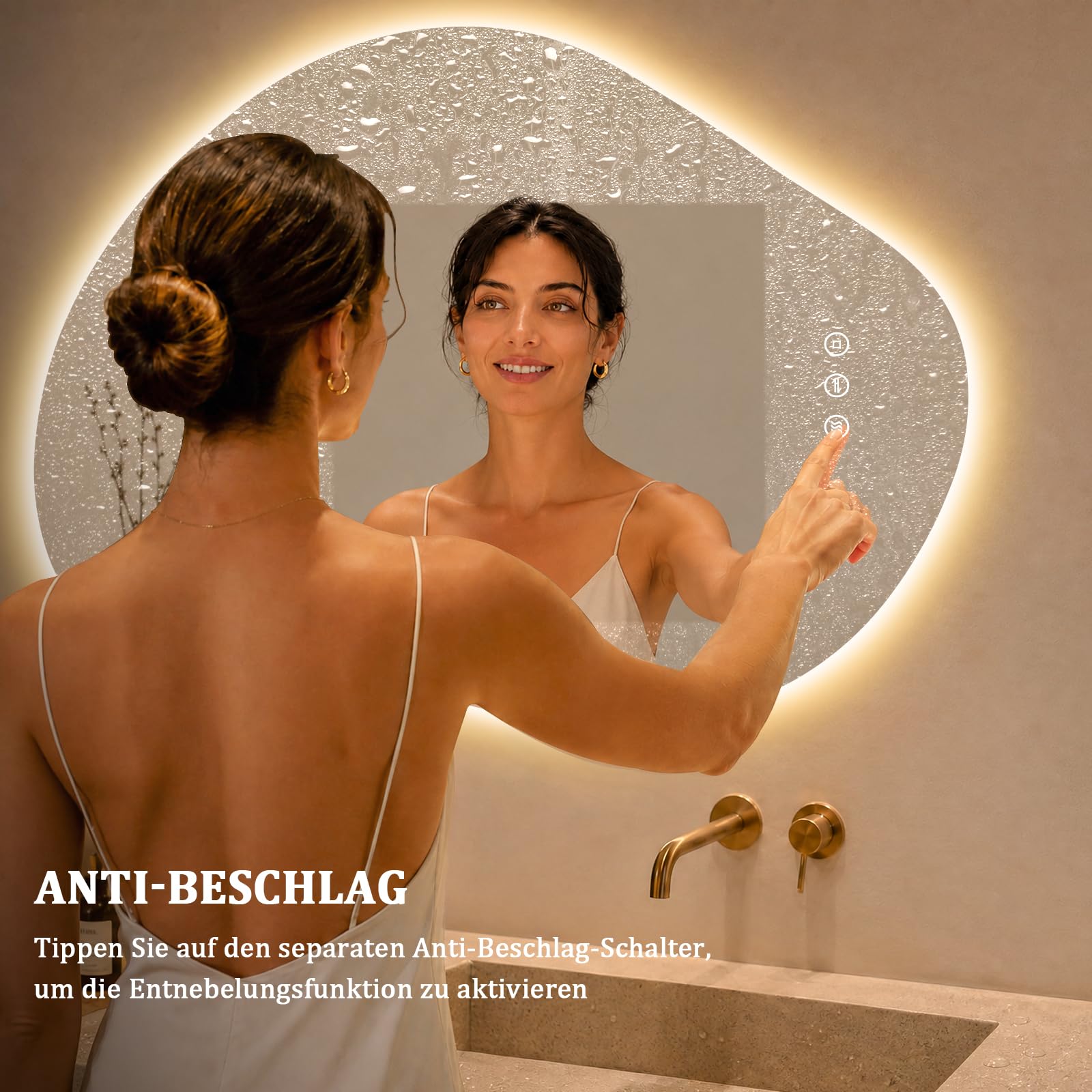 Miroir asymétrique avec éclairage, miroir de salle de bain LED avec interrupteur tactile, 3 couleurs de lumière à intensité variable, anti-buée, miroir de salle de bain avec éclairage 80 x 53