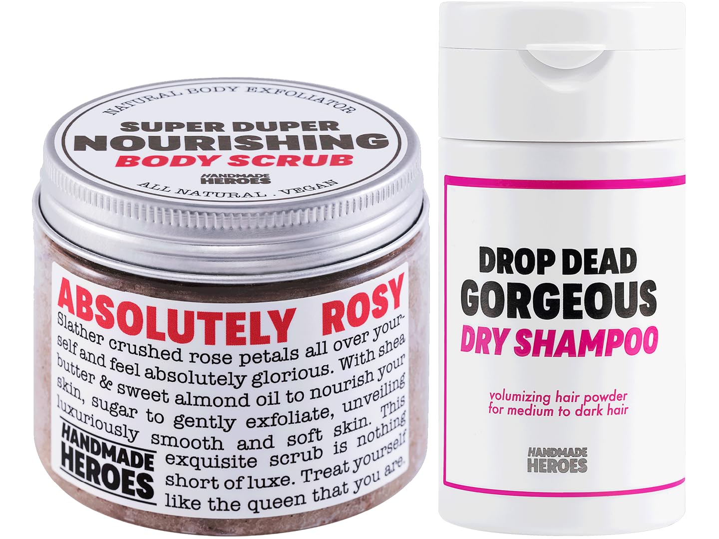 Rose Petal Scrub Foot & Body Exfoliator and Volumizing Hair Powder Dry Shampoo Bundle - 100% Natural Vegan Skin Care by Handmade Heroes