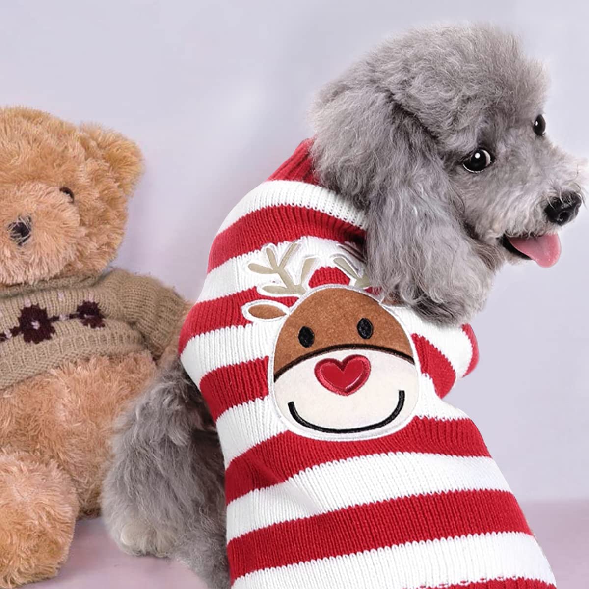 1 Maglioncino Natalizio per Cane o Gatto, Costume Maglieria Maglione Caldo per l’inverno, Lavorato a Maglia, Motivo a Strisce con Alce