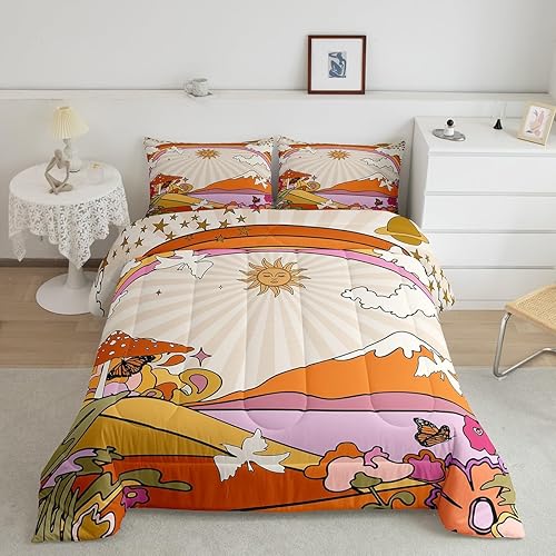 Juego de edredón retro con decoración de fiesta de sol y luna, tamaño matrimonial, ropa de cama de mariposas de hongos hippy para niños y