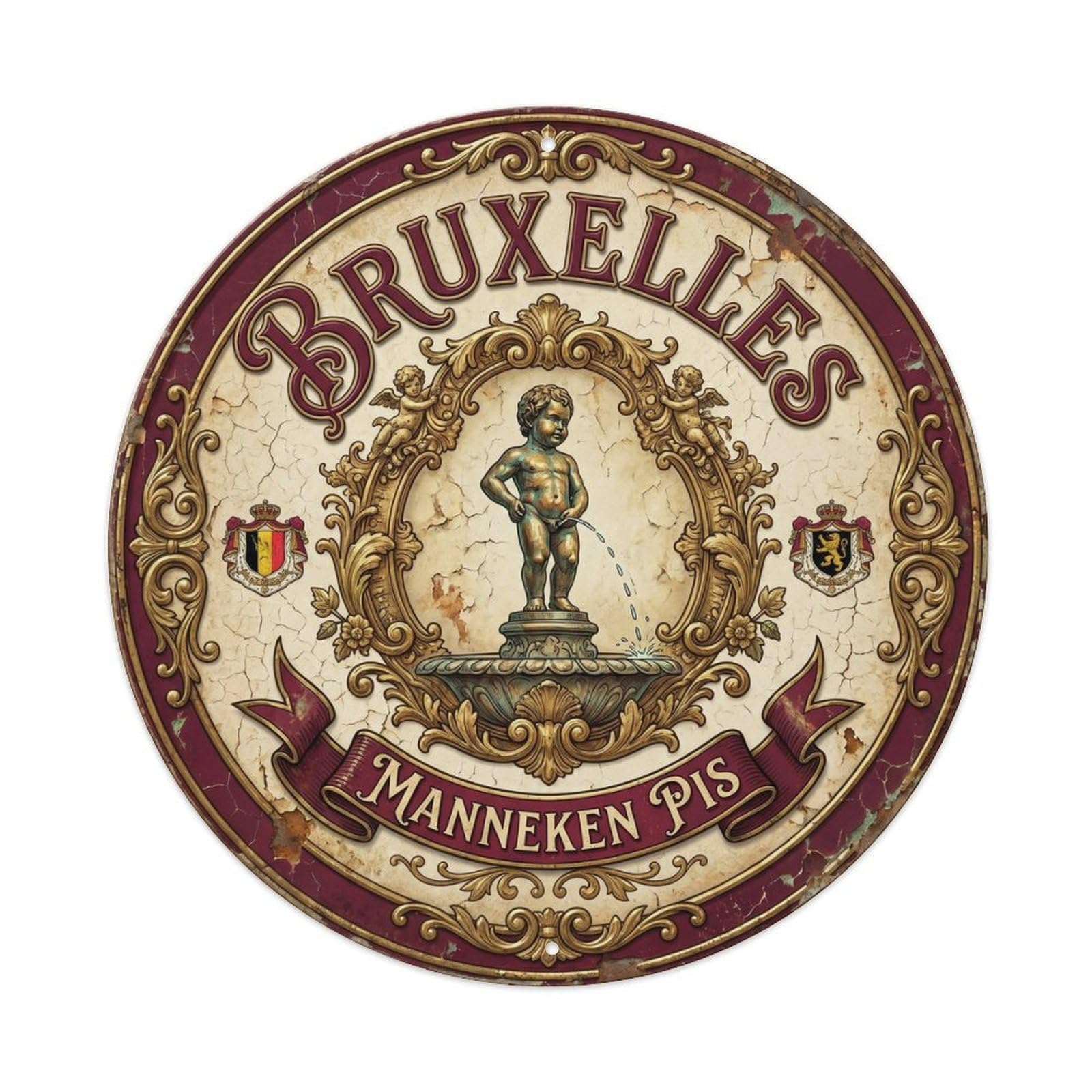 Cmhok Vintage Style-2 Vintage Travel Bruxelles Belgium Artwork Metal Tin Sign Plaque Wall Decor For Cafe, Club, Garden Round Metal Poster 8X8inch