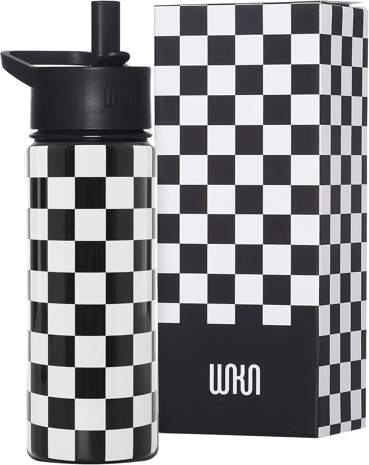 Wildkin Kids 18oz Stainless Steel Water Bottle – BPA-Free, Leakproof, Insulated, Easy-Clean - Black and White Checkered