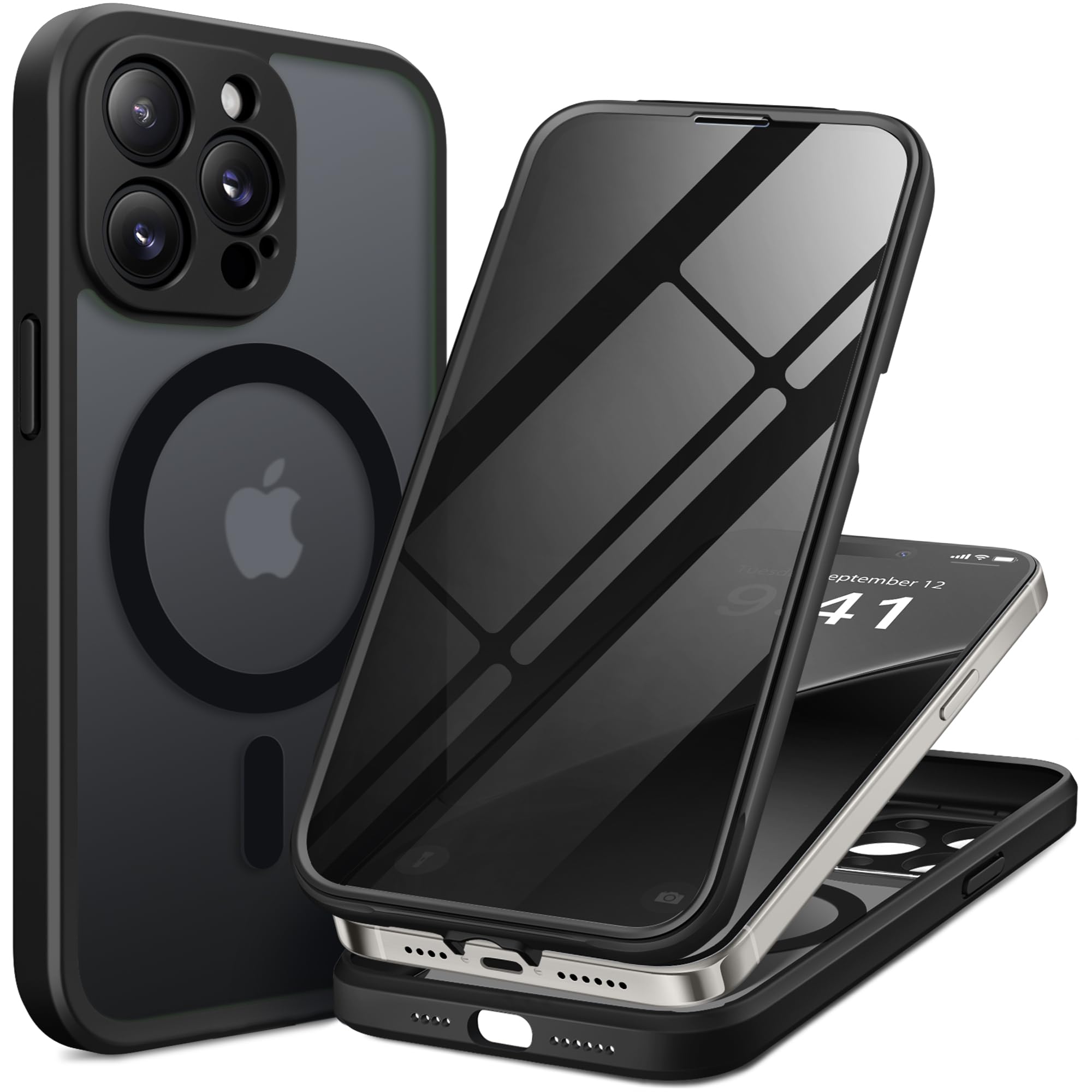 BERFY Magnetic for iPhone 14 Pro Max Case, Compatible with MagSafe,Built-in Privacy Screen Protector and Upgraded Camera Protection,Anti-Spy Full Body Shockproof Phone Case for 14 Pro Max,Matte Black