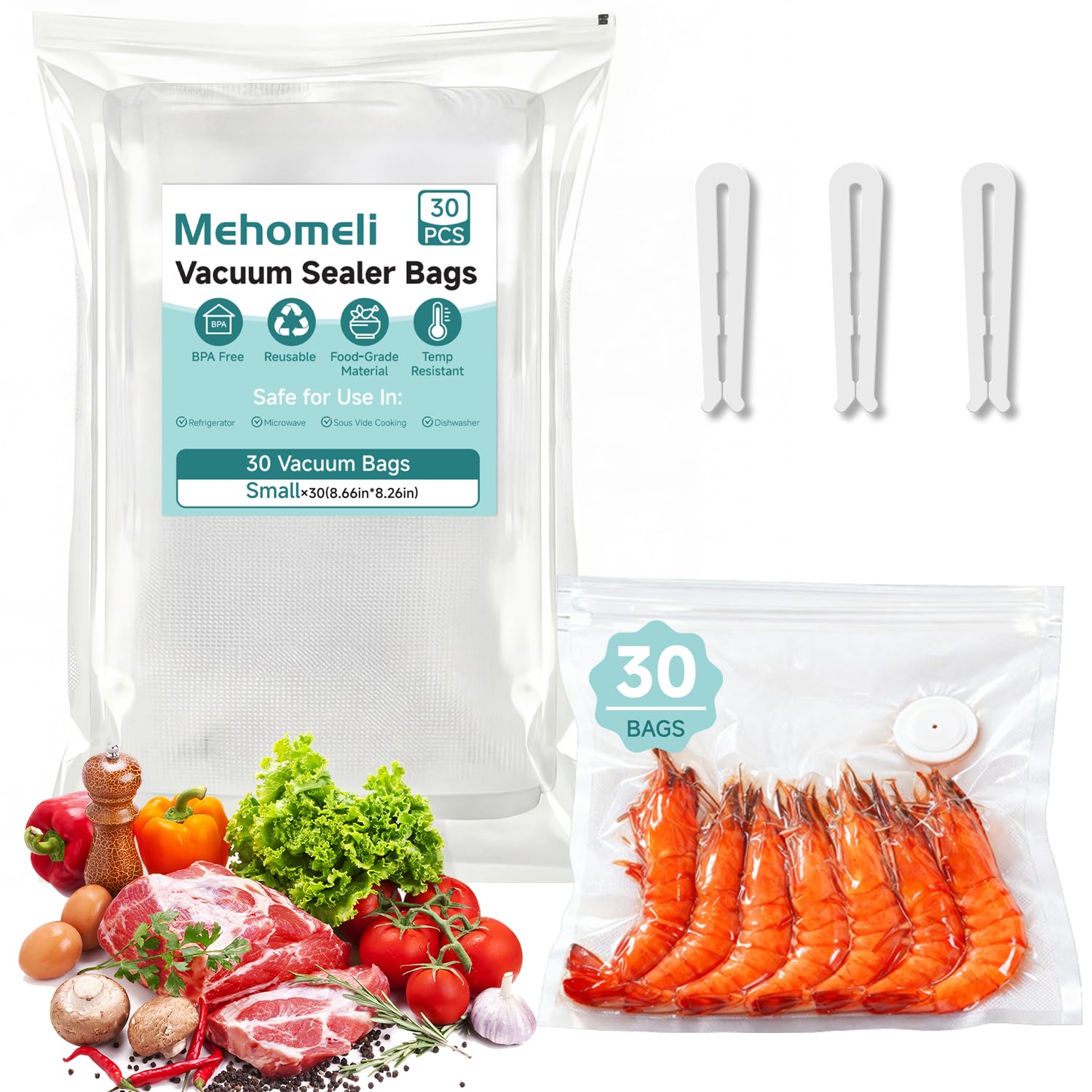 Mehomeli Reusable Vacuum Sealer Bags, 30 Small Bags, 8.66 × 8.26in