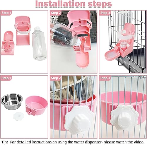 Miniatura 7 de kathson Dispensador de alimentador suspendido para conejo, fuente de agua colgante, botella automática, cuenco de caja extraíble de plástico de