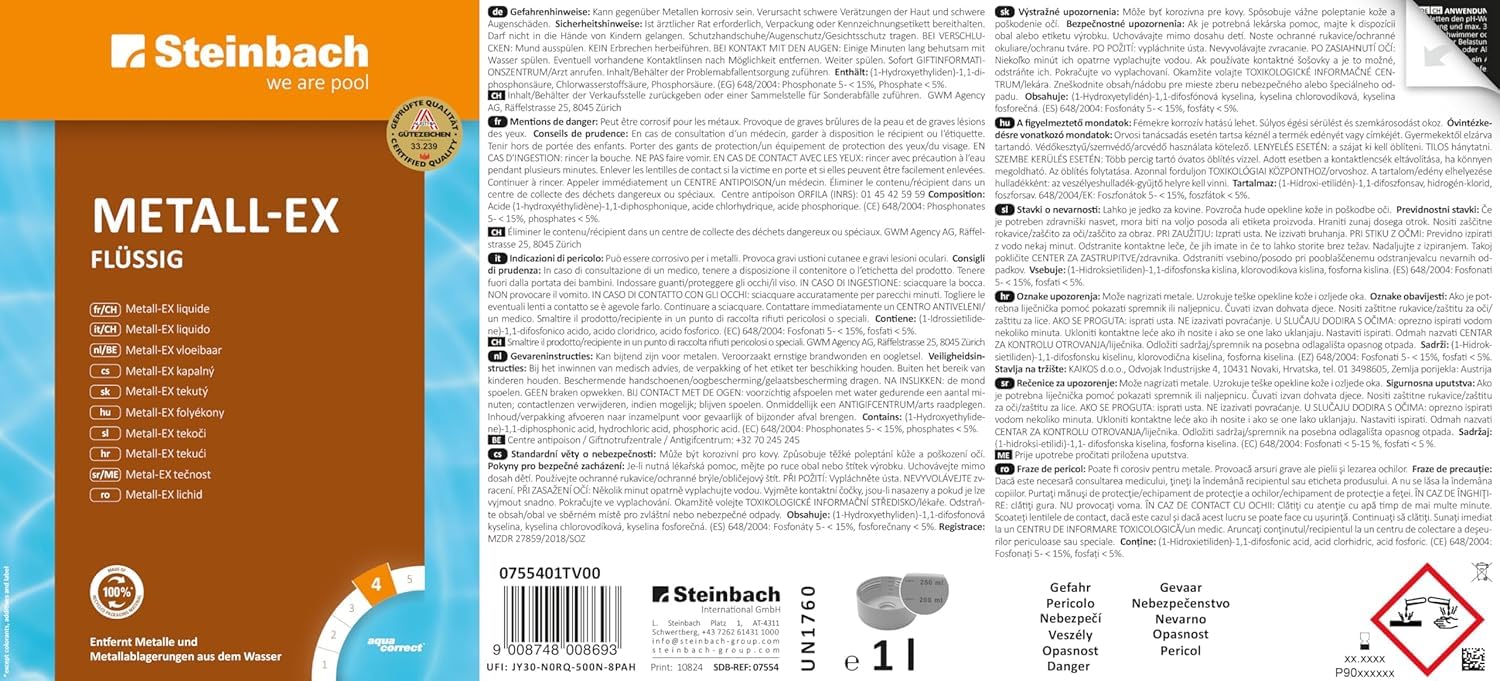 STEINBACH Metall-EX flüssig 2 l | entfernt Eisen, Kupfer & Metallablagerungen im Pool | gegen Trübungen & Ablagerungen an Einbauteilen | einfache Anwendung | für alle Pooltypen geeignet