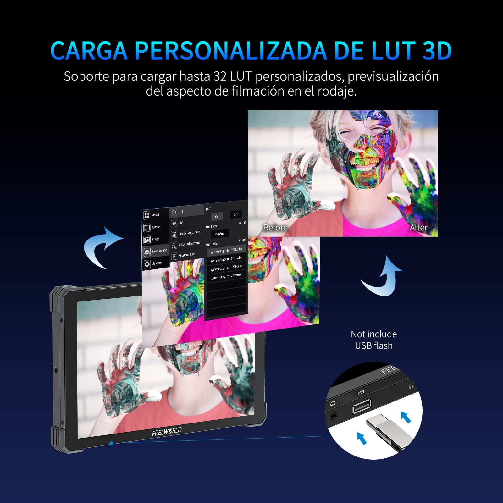 FEELWORLD T10 Pantalla táctil de 10,1 Pulgadas Monitor de Campo de cámara con HDR de Forma de Onda y 3D LUT out Carcasa de Aluminio con diseño de Esquinas Protectoras engomadas