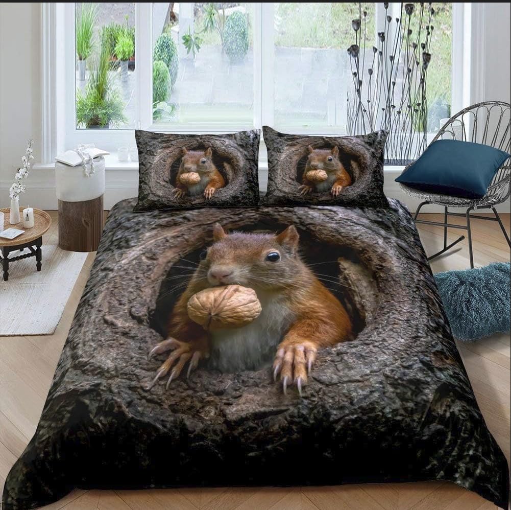 Funda Nordica Cama 135 Ardilla Infantil Juvenil Funda Edredón Cama 135 para Niñas Niños con Cremallera Suave Fundas Nordicas 200x220 cm + 2 Fundas de Almohada 50x75 cm