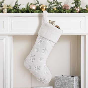 CARAKNOTS White Christmas Stockings Large 1 Pack,Faux Fur Silver Snowflake