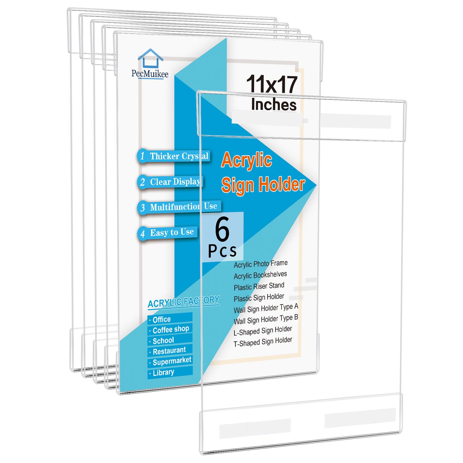 PecMuikee 11 x 17 Acrylic Sign Holder Horizontal ，Wall Mount Sign Holders Clear Acrylic Frame with Double Sided Tape Clear Poster Frames Plastic Sign