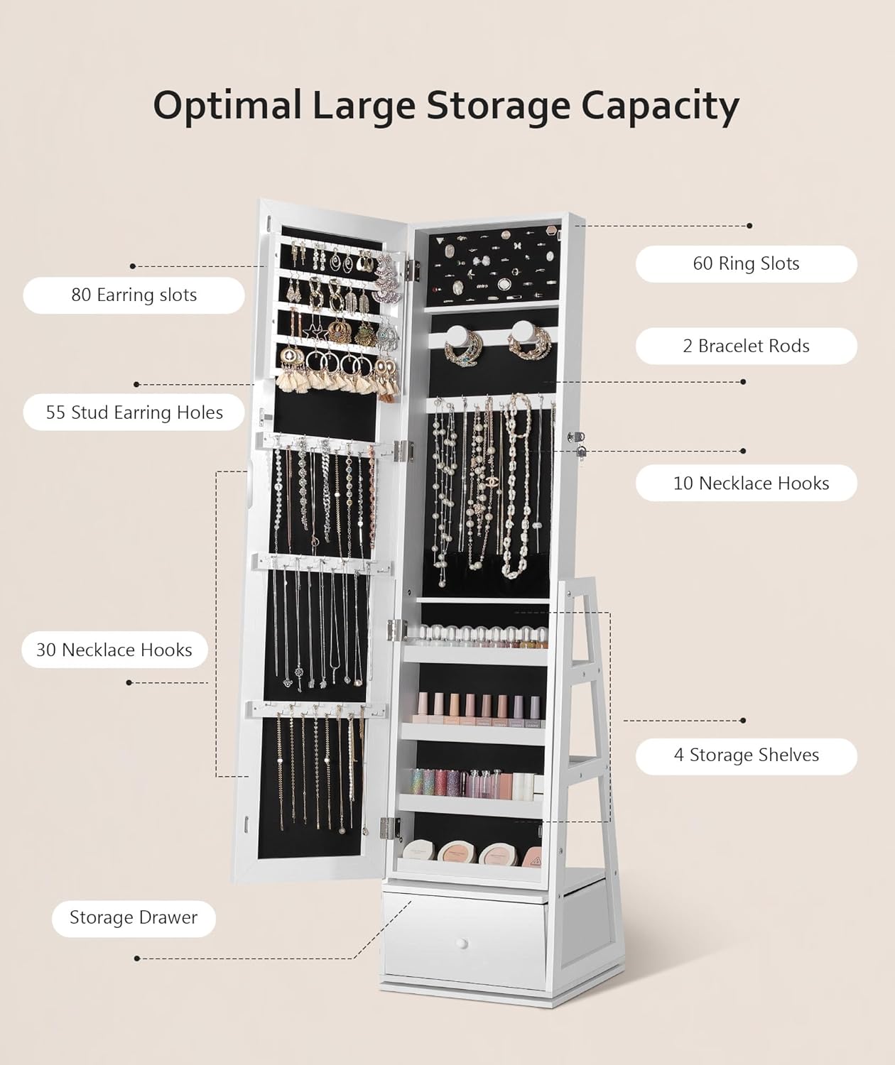 Nicetree 360°Swivel Jewelry Cabinet, Rotatable Full Length Mirror with Jewelry Storage, Standing Jewelry Armoire Organizer, Lockable Jewelry Organizer with 3 Rear Shelves, Bottom Drawer, Pure White - Image 3