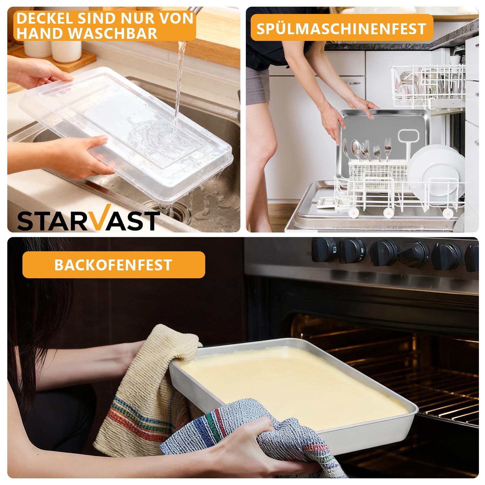STARVAST 3 teglia da forno profonda con coperchio, 31 x 24 x 5 cm, in acciaio inox, rettangolare, per cottura a secco, ideale per torte di brownie e lasagna, finitura a specchio e panno