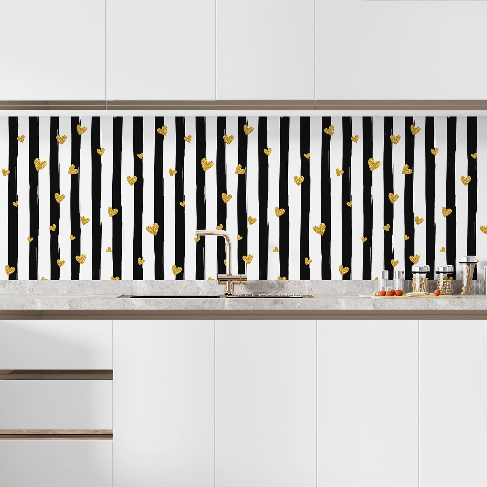 Lumalea Adesivo adesivo per cucina, motivo: cuori a righe 3617681400899, 90 x 90 cm, adesivo + protezione lucida