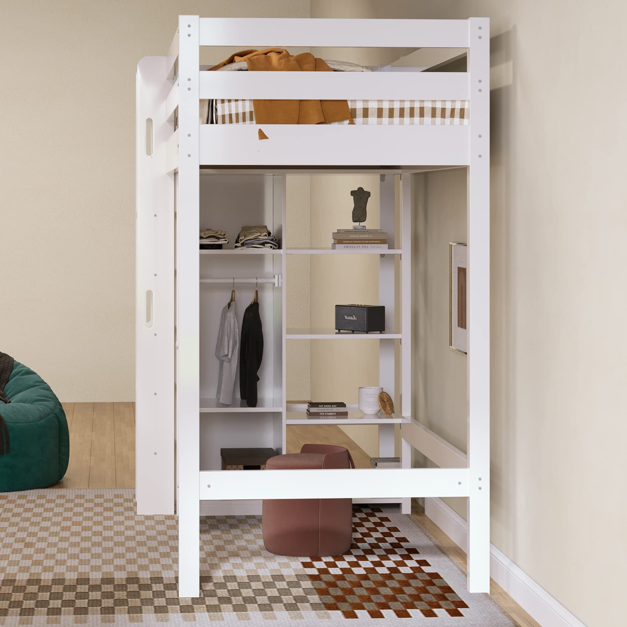 Rtopsu Letto a Castello per Bambini 90x200 cm con Armadio, Letto Singolo a Soppalco con 6 Contenitore Ripiani e Scala, Letto con Protezione Anticaduta e Rete a Doghe in Legno, Bianco, Senza Materasso