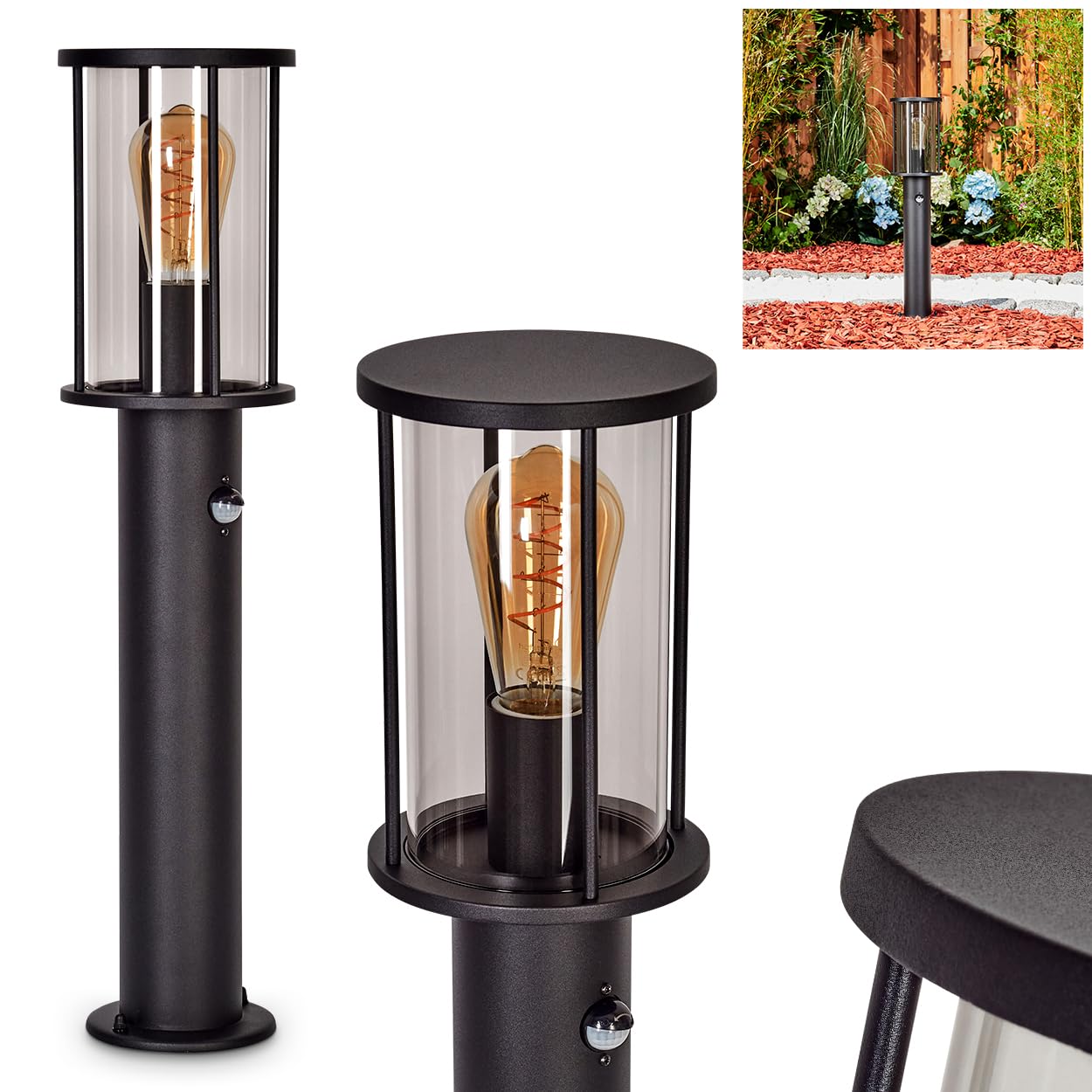 Oprawa zewnętrzna Sumalao z czujnikiem ruchu, podstawa metalowa/szklana w kolorze czarnym/dymnym, oświetlenie ścieżki 60 cm, IP54, 1 x E27, bez żarówki