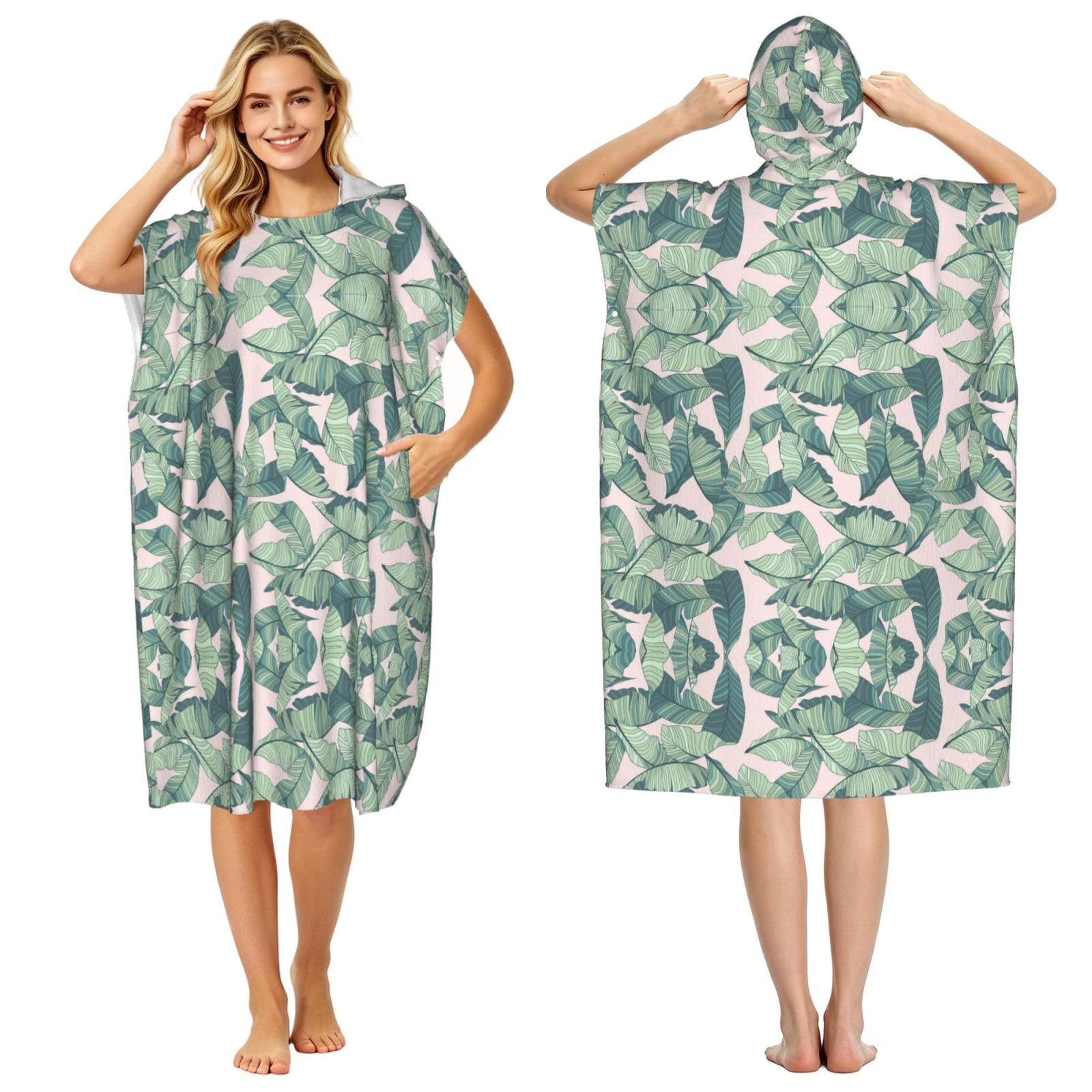 EZDLOWVBA Cute Palm Tree Leaves Print Hooded Poncho Microfiber Beach Towel,Adult Women & Men Changing Robe,Lightweight Summer Surf Swim Bath Poncho Towel