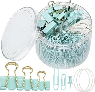 350 Pcs Paper Clips Binder Clip Assorted Sizes, Macaron Green Paper Clamps Office Clips Set Paperclips Rubber Bands Push Pins for Office and School Supplies
