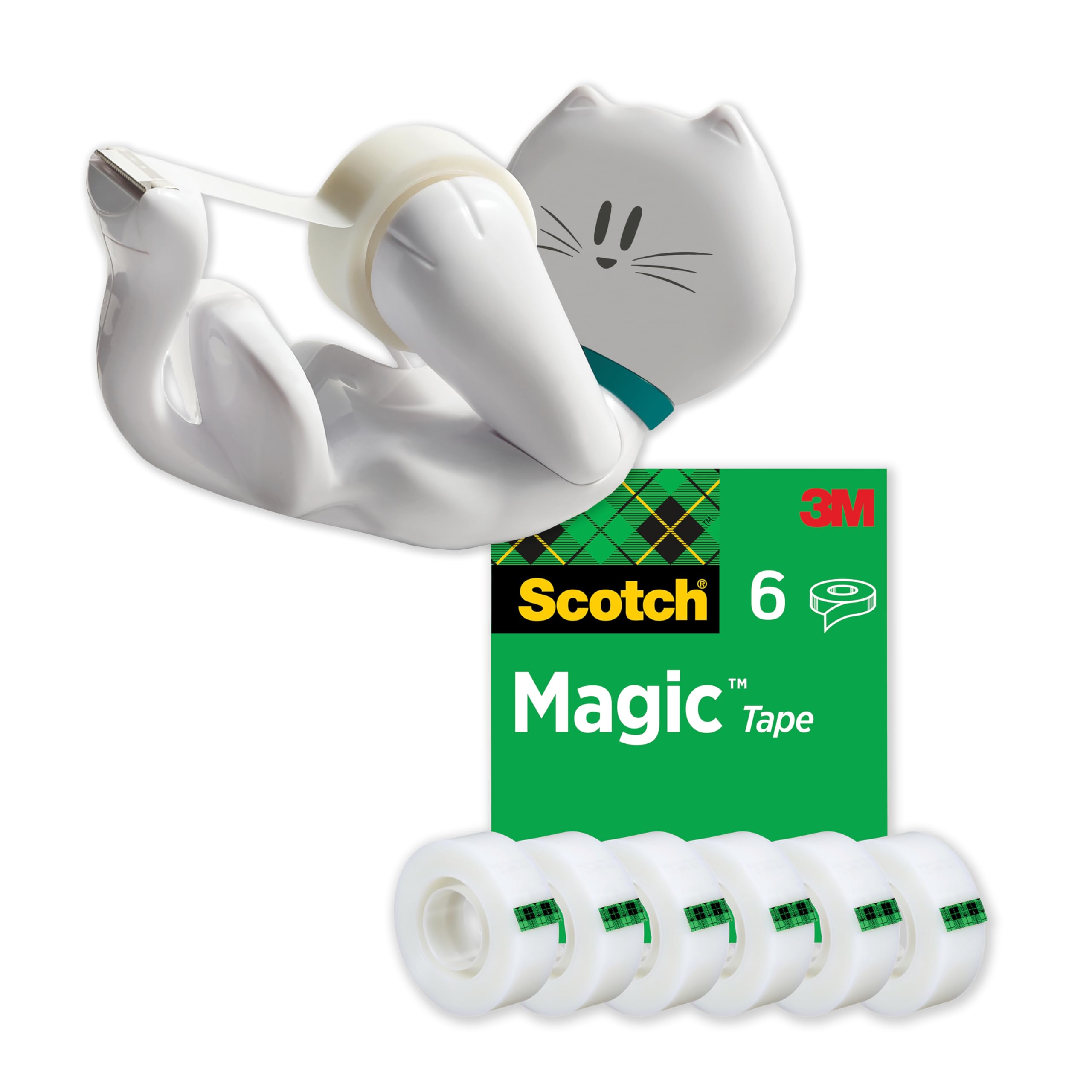 Scotch Magic Tape Dispenser Ricaricabile Gadget Gatto con 1 Rotolo Magic Tape Incluso - Cancelleria Kawaii + Scotch Nastro adesivo Magic - 6 Rotoli da 19 mm x 33 m