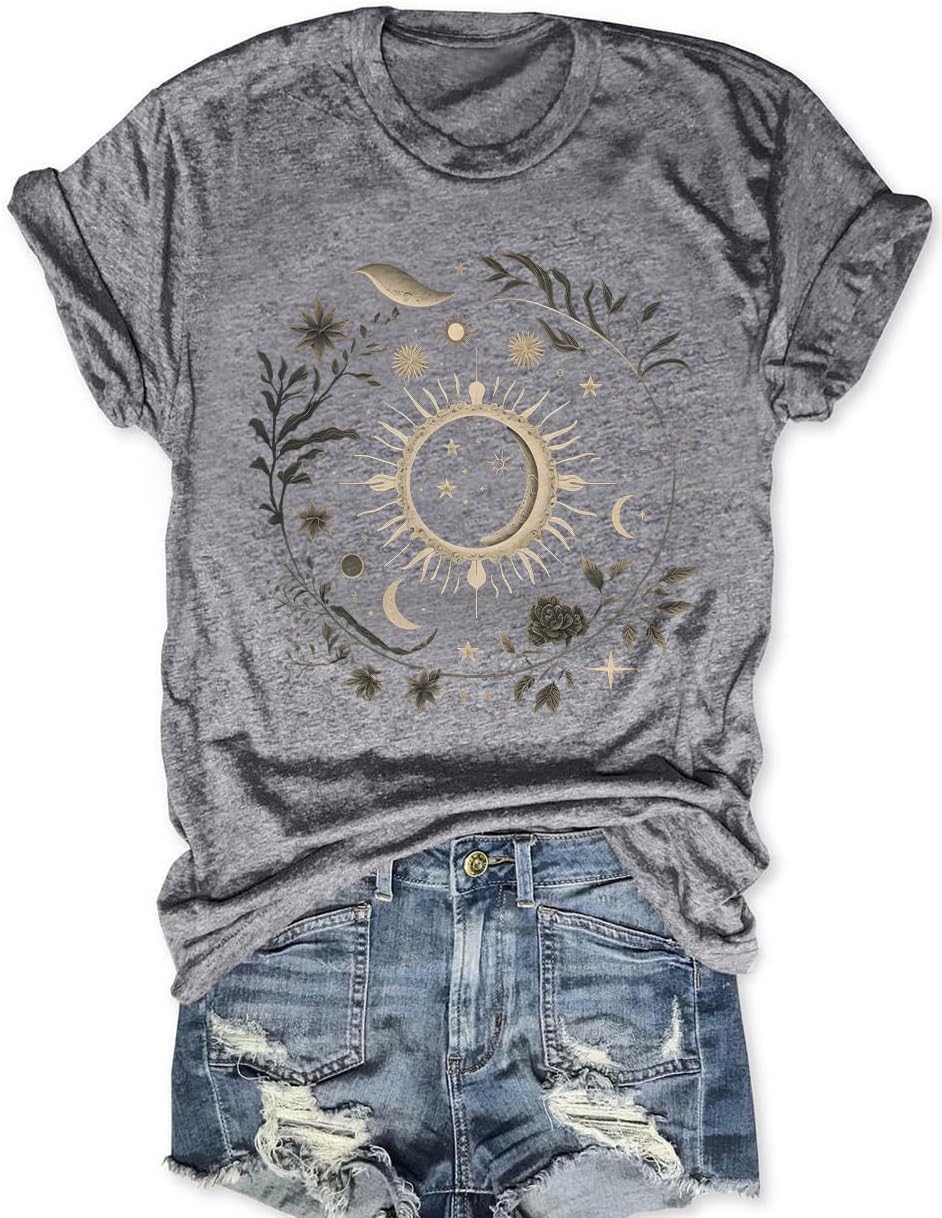 MZEAZRK Women Mystic Moon and Sun Flower Shirt Boho Wildflower Celestial Moon Graphic T Shirts Short Sleeve Tops