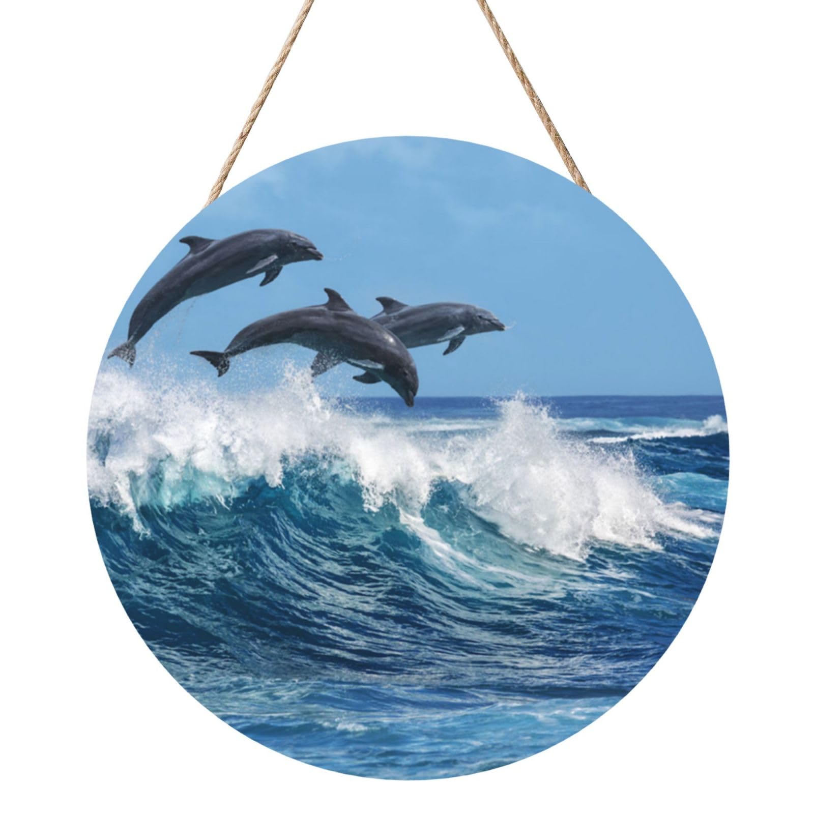 InOmak Ocean Wave Dolphins, Round Wood Panel Painting 12 in, Wall Hanging Painting For Home