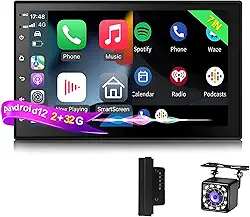 Multimídia MP5, Multimídia Automotivo 7 Polegadas, Android 12, 2Din, Compatível com CarPlay e Android Auto Sem Fio, Câmera Traseira com 12 LEDs, GPS, BT, 2GB+32GB