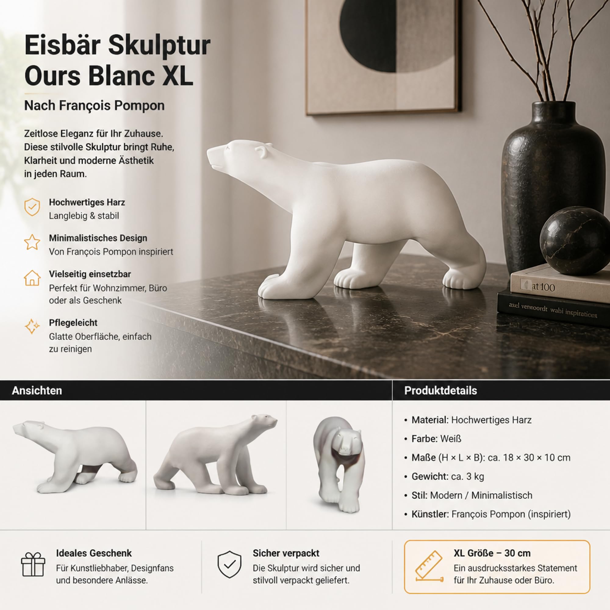Parastone Eisbär Skulptur Ours Blanc – ruhige Raumdekoration für Wohnzimmer/Büro – Harz Weiß 30 cm XL nach François Pompon
