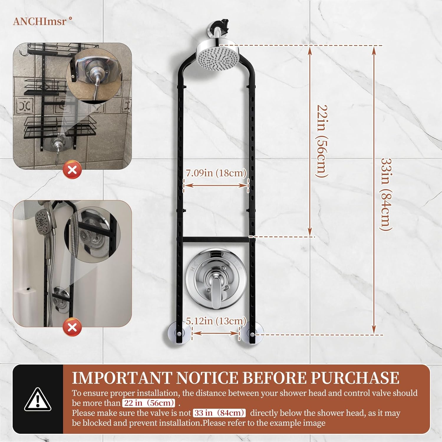 Adjustable Hanging Shower Caddy for Handheld Showerhead, 3-Tier Rustproof Shower Rack Baskets, Anti-Swing Hanging Shower Organizer for Bathroom Storage with 2 S-Hooks, Large Capacity, Black