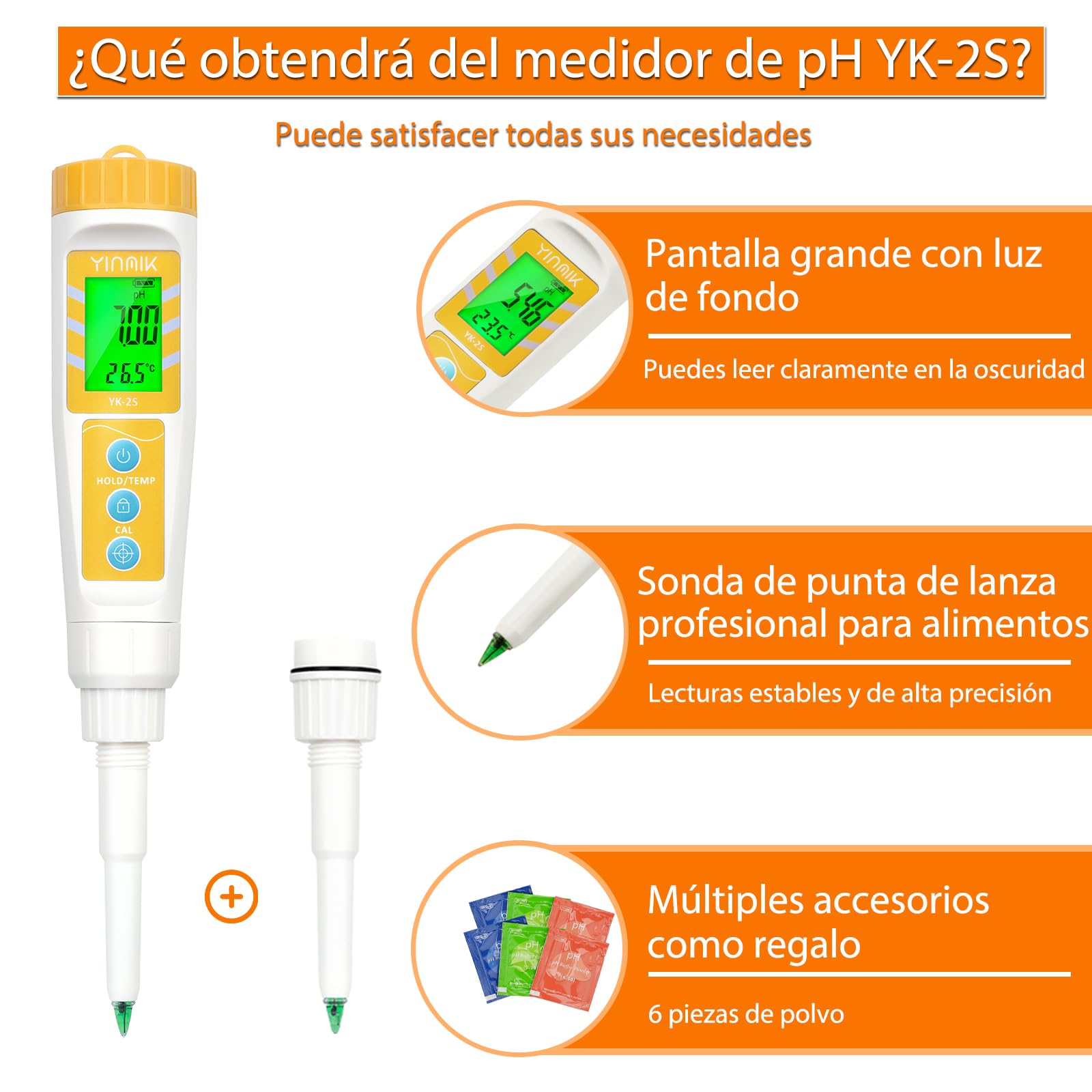YINMIK Medidor de pH de Alimentos con Sonda Reemplazable, Probador Digital para Masa, Pan, Carne, Queso