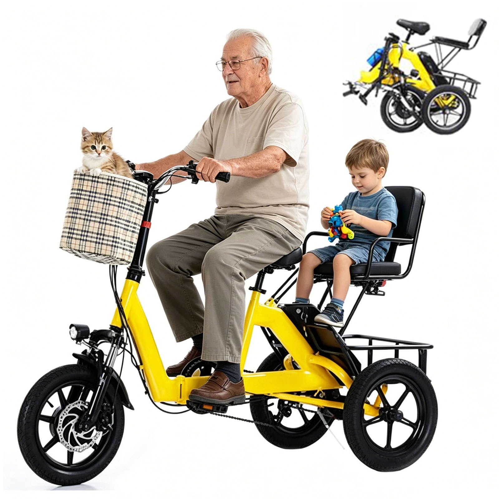 Triciclo elettrico per adulti, robusto, pieghevole, a 3 ruote con sedile passeggero, ampio cestino, capacità di carico di 180 kg, ideale per la spesa e i viaggi.