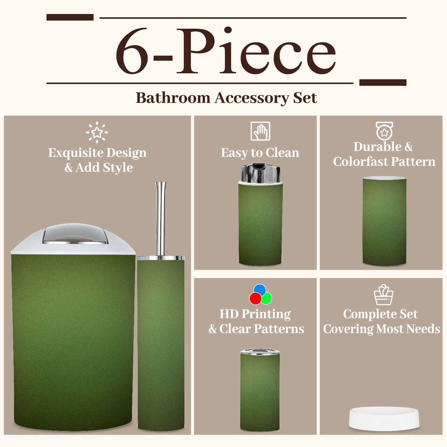 Bathroom Accessory Set 6 Piece Olive Green Frosted Glass Toothbrush Cup Toothbrush Holder Soap Dispenser Soap Dish Trash Can with Lid Toilet Brush Holder Counter Decor