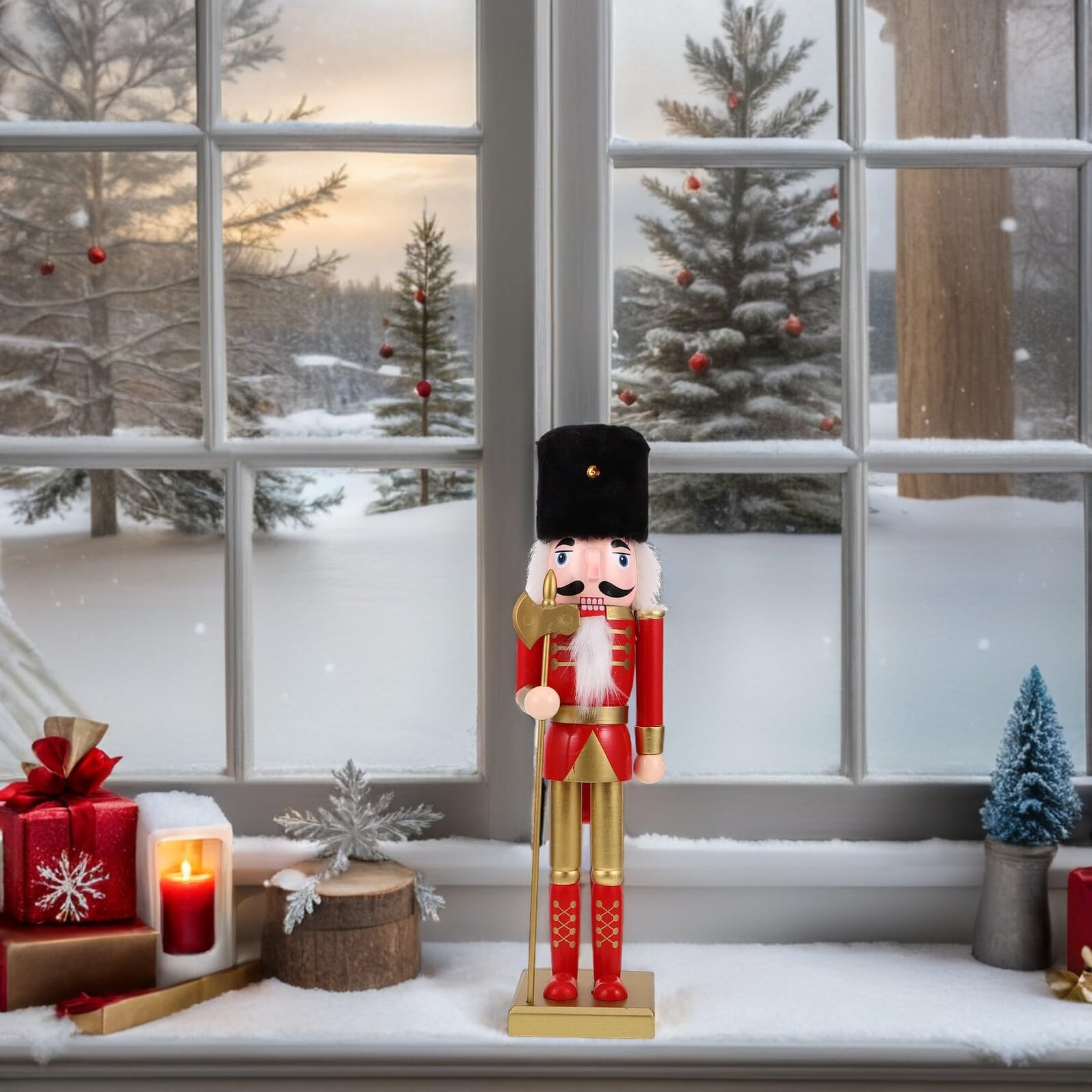Weihnachtssoldat Nussknackerfigur 38cm mit Quadratischem Sockel Handgefertigte Traditionelle Weihnachtsdekoration für Tisch und Kaminsims