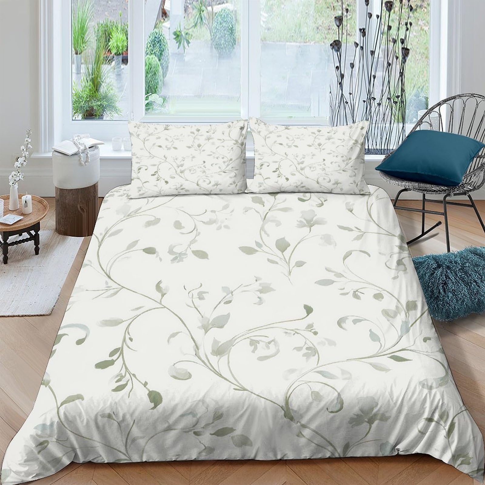 P5V6M1Q9 3D Printed Botanical Leaf Duvet Cover Set Microfiber Soft Breathable Floral Quilt Cover with 2 Pillowcases for Bedroom Decor Single（135x200cm）