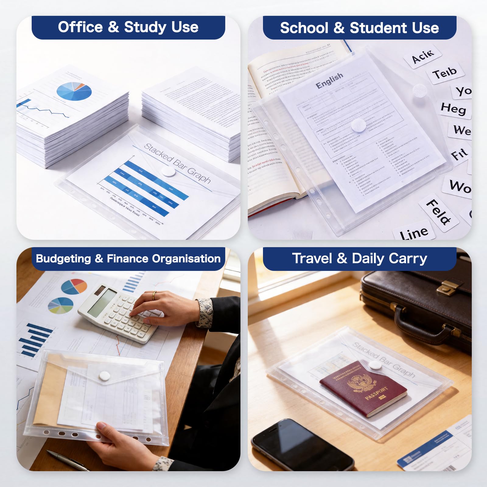 Dokumententasche A5, 10 Stück Wasserabweisend Dokumentenmappe zum Abheften mit 7 Loch und Klettverschluss, Transparente Ordnertasche für A5 Binder & Ringbuch