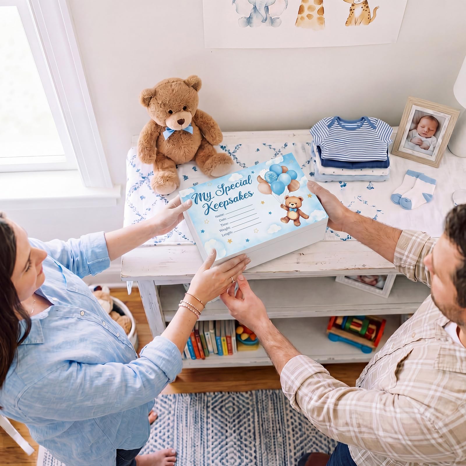 Thyle Blue Bear - Caja de madera para recuerdos de bebé, caja de recuerdos para niños o niñas, regalo de cumpleaños bautismal para padres recién nacidos, regalo de cumpleaños para recuerdos